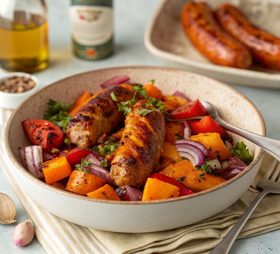 Air fryer harissa sausage & veg traybake