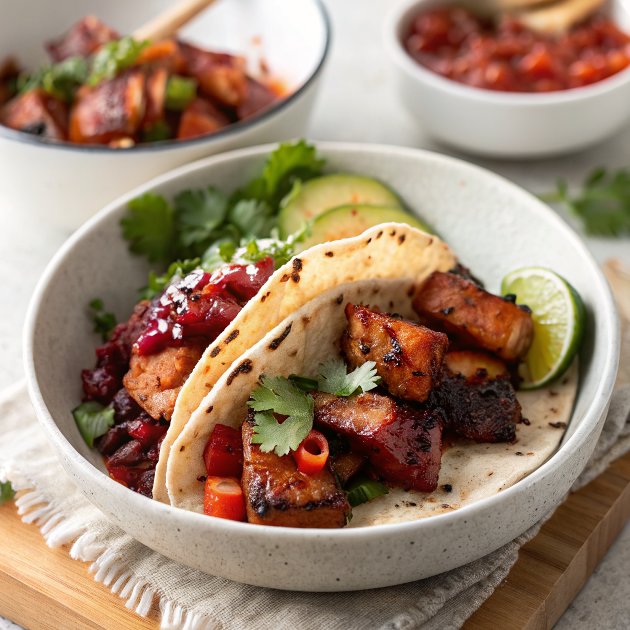 Air fryer sticky pork tacos with plum & chilli salsa