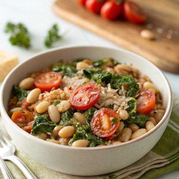 Asiago White Beans with Farro, Kale, and Tomatoes