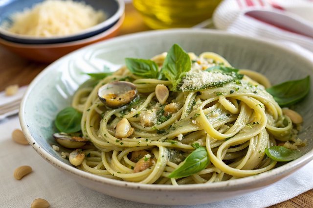 Authentic linguine with basil pesto