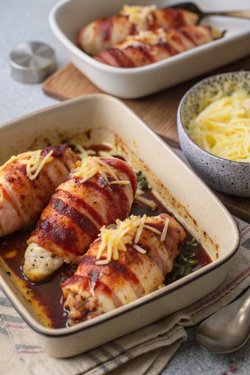 Bacon-Wrapped Chicken with BBQ Sauce and Cheese