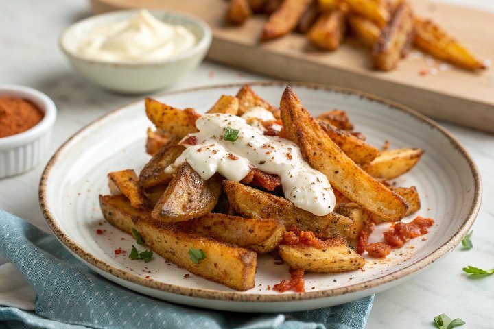 Baked Spicy Fries with Garlic Cheese Sauce