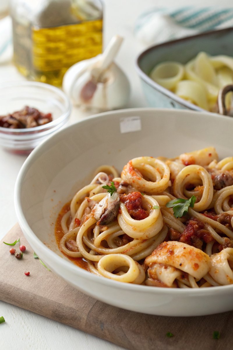 Calamari Pasta with Garlic and Vermouth