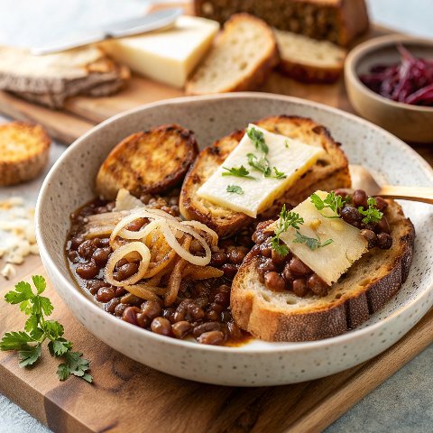 Caramelized Onion French Lentils and Cheesy Toast.