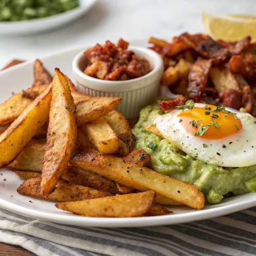 Cheesy Cajun Fries with Cajun Guacamole, Bacon and Fried Eggs