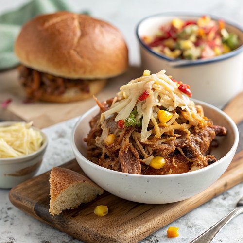 Cheesy Crockpot Cajun Pulled Pork with Southwest Pepper-Corn Slaw