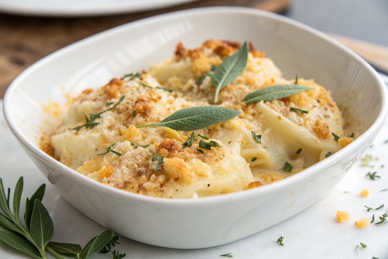 Cheesy Potato Au Gratin with Buttery Ritz Cracker Crumbs.