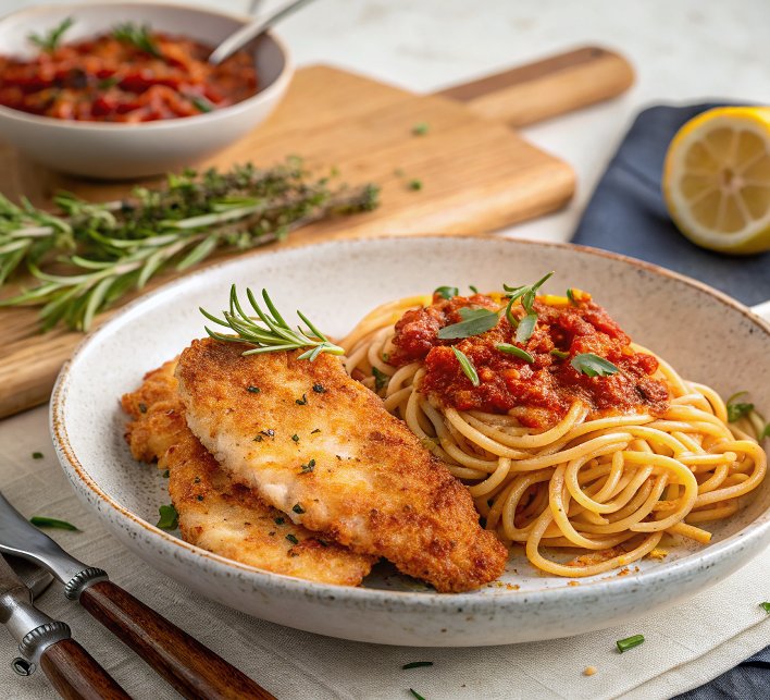 Chicken Milanese & spaghetti arrabbiata