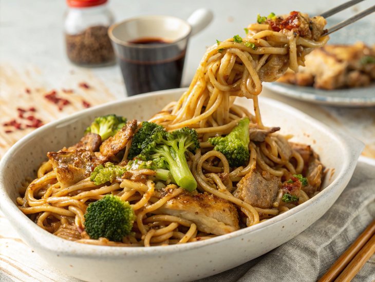 Crispy pork & broccoli noodles