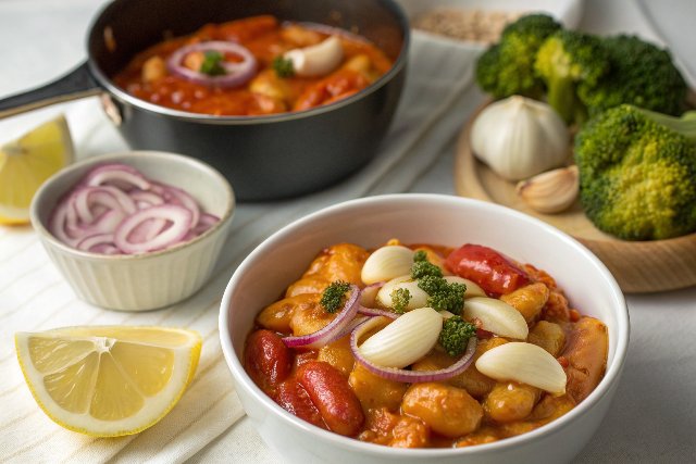 Curried butter beans with onions, three ways