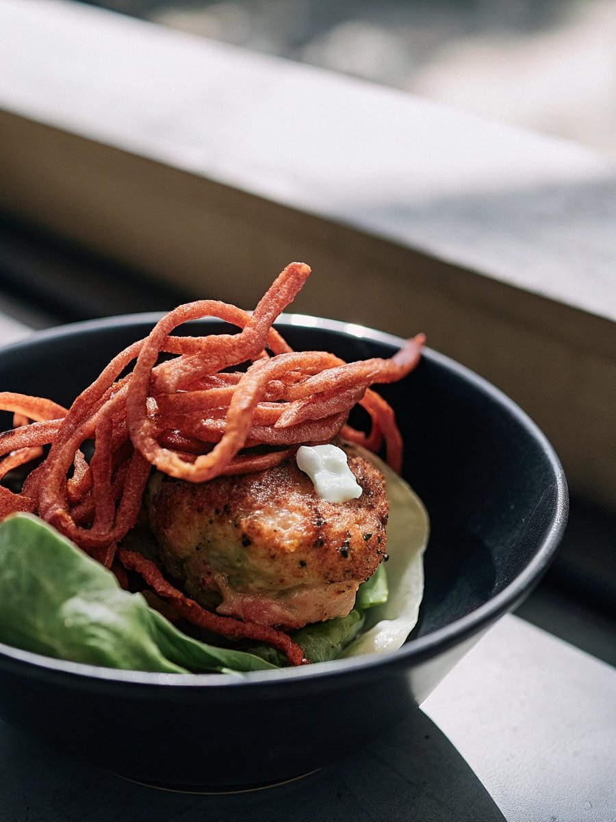 Curried Salmon Burger Lettuce Wraps w/Crispy Sweet Potato Straws + Goat cheese.