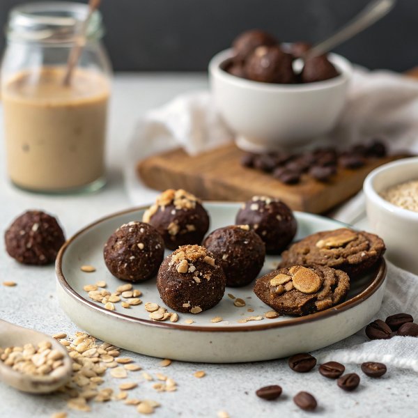 Dark Chocolate Covered Coffee Roasted Almond, Peanut Butter and Oatmeal Bites.