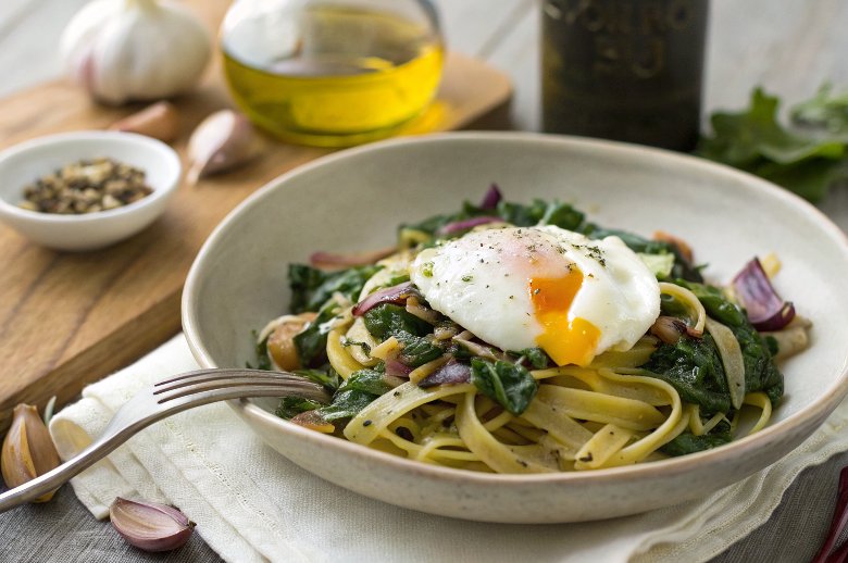 Fettuccini with Winter Greens and Poached Egg