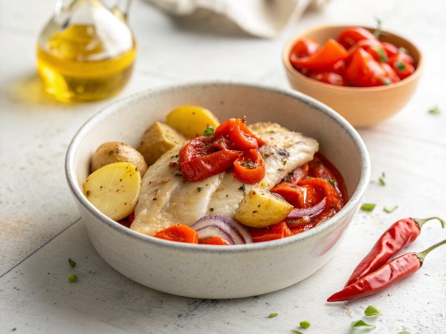 Fish traybake with red pepper and tomatoes