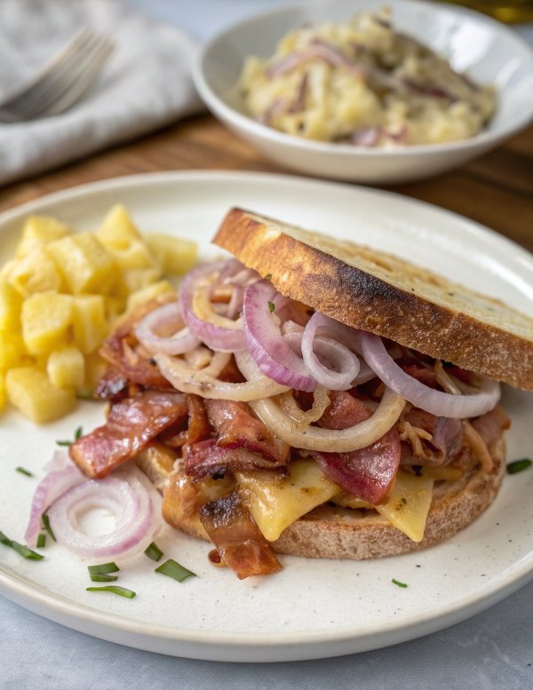Ham and Cheese Sandwiches with Bacon, Pineapple Caramelized Onions + Jerk BBQ Sauce.
