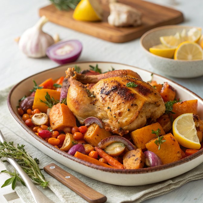 Harissa roast chicken traybake