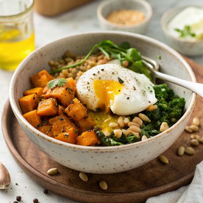 Healing Bowls with Turmeric Sweet Potatoes, Poached Eggs, and Lemon Dressing