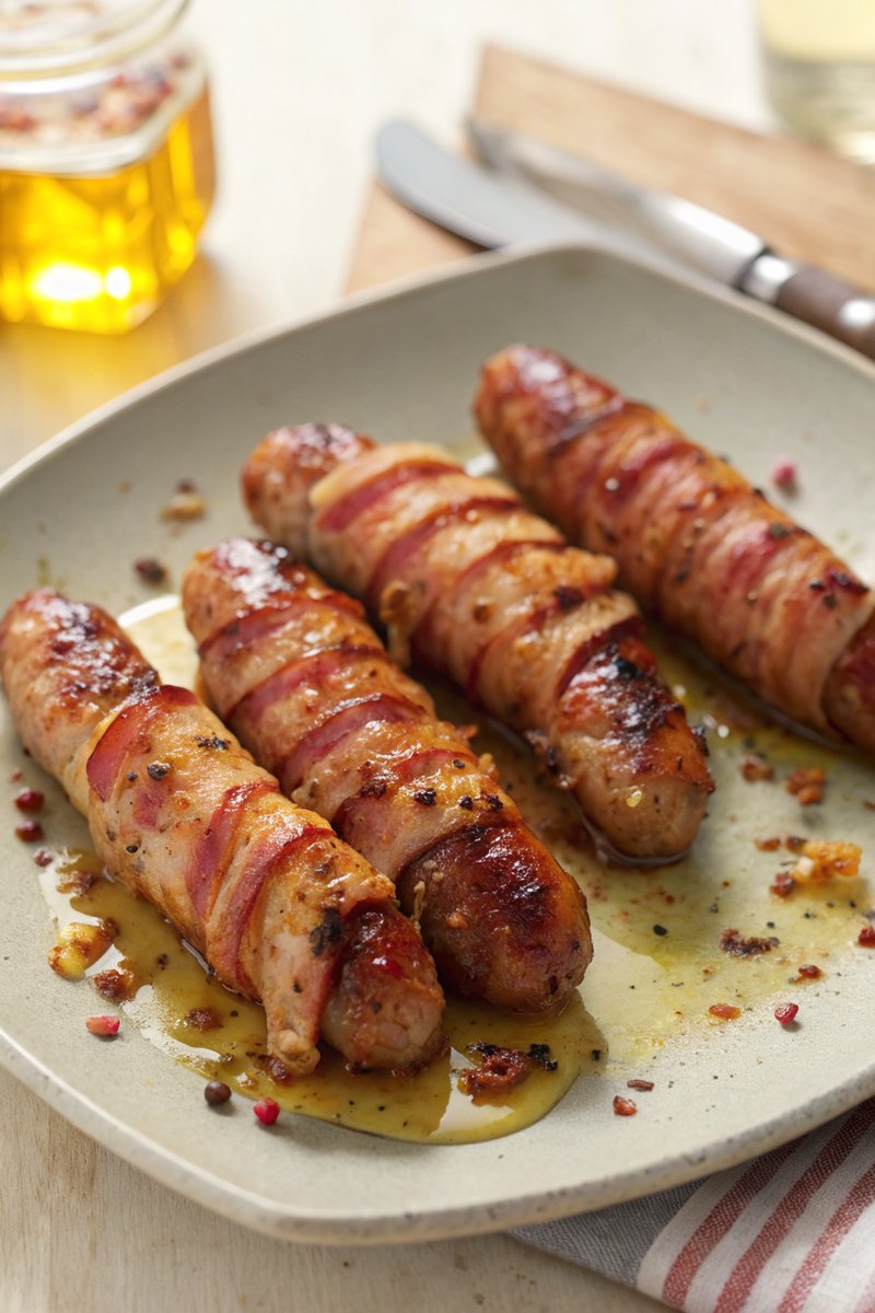 Honey-Glazed Sausages in Bacon