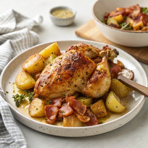 Honey Mustard Baked Chicken with Potatoes & Bacon