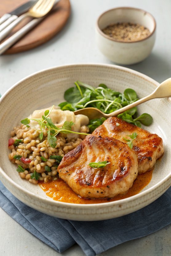 Honey mustard pork chops with watercress grains