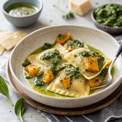 Jumbo Butternut Squash Ravioli with Kale Pesto