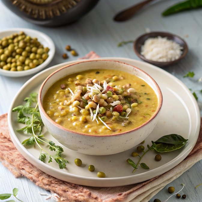 Karwar Style Muga Ambat Recipe (Moong Sprouts in Coconut Curry)