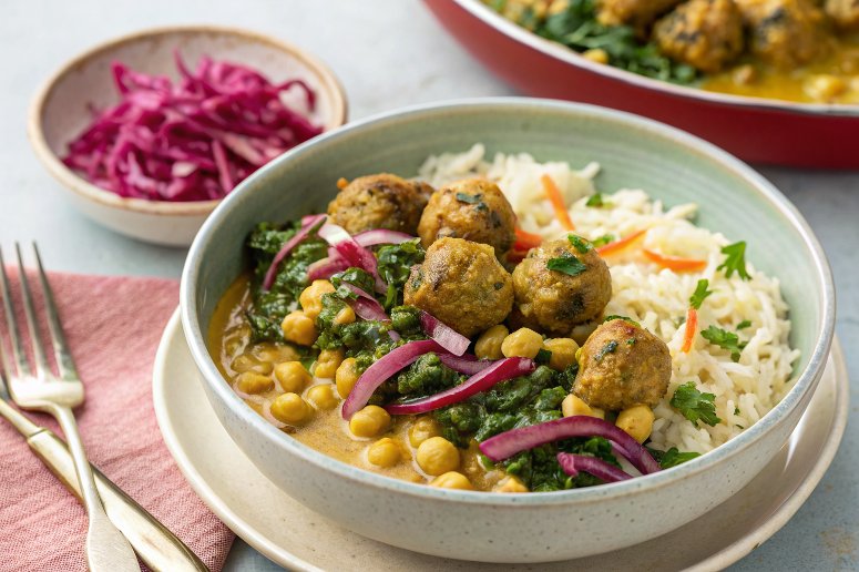 Meatball & chickpea yellow coconut curry with rice & pickled red cabbage