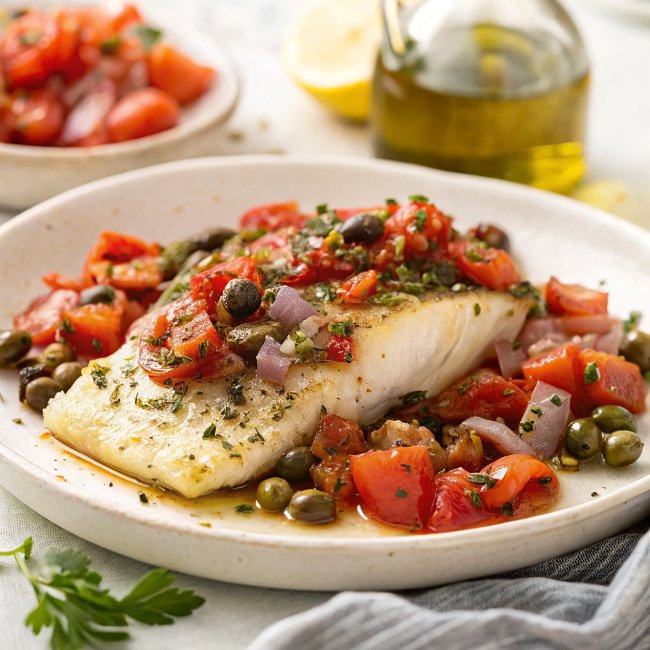 Mediterranean Baked Fish Recipe with Tomatoes and Capers