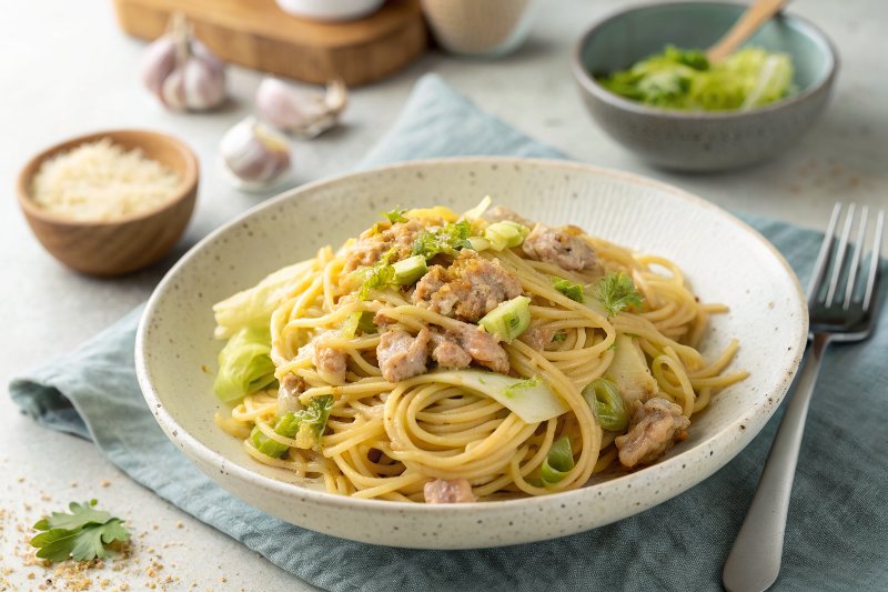 Miso Butter Pasta with Tuna and Cabbage
