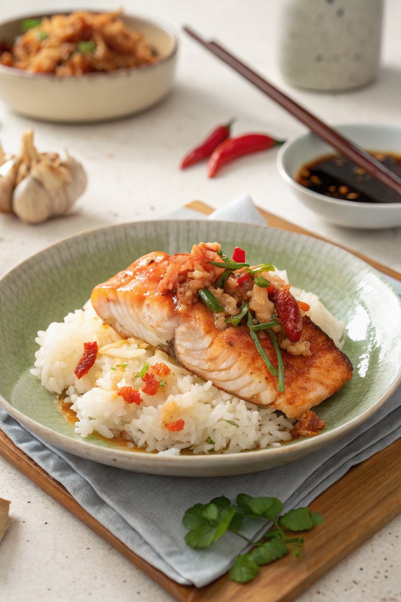 Pan-Seared Salmon with Sushi Rice and Asian Sauce