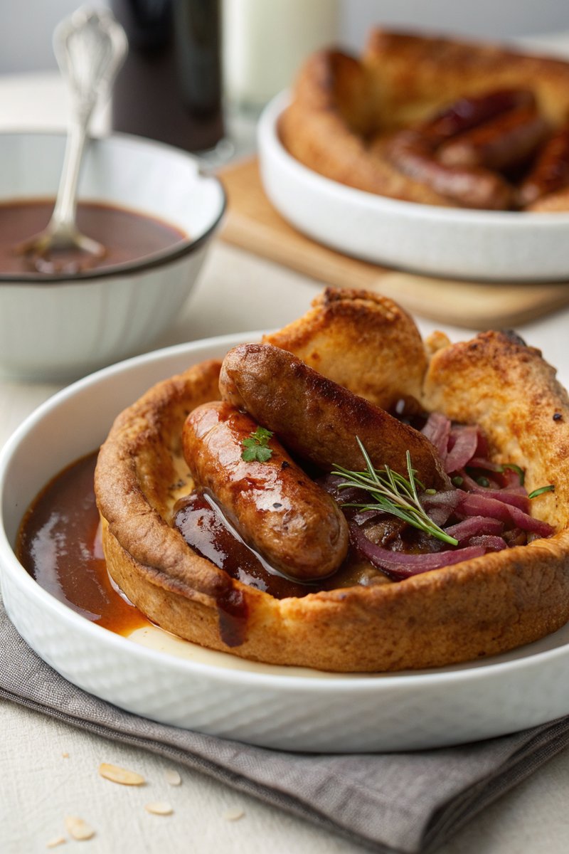 Pork Sausages in Yorkshire Pudding with Red Onion Gravy