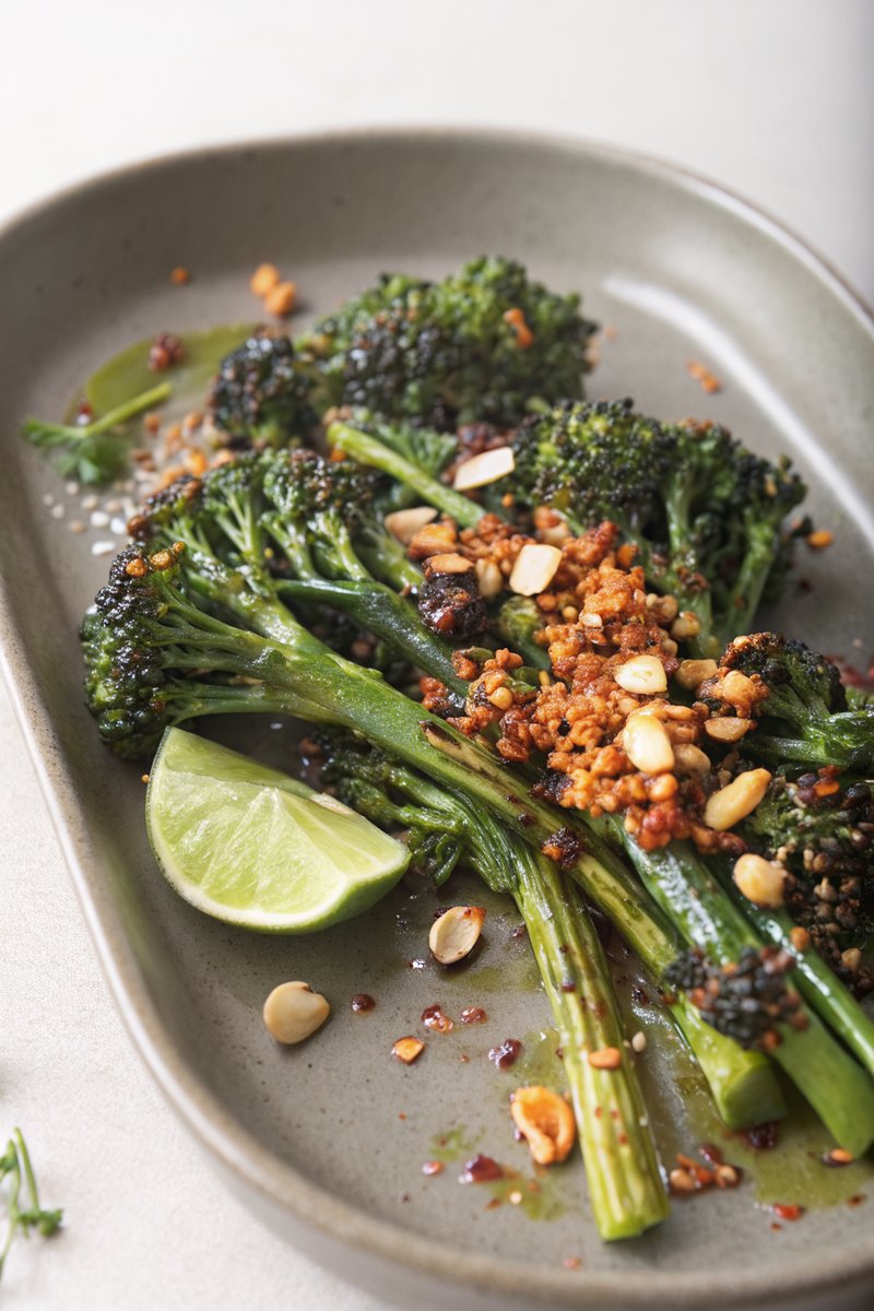 Roasted Broccolini with Toasted Peanuts and Chili Oil