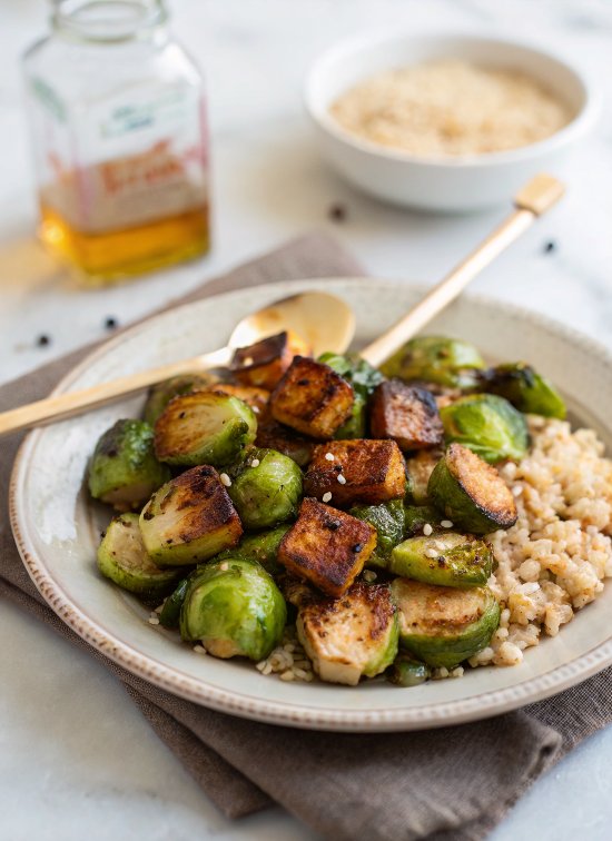 Roasted Brussels Sprouts and Crispy Baked Tofu with Honey-Sesame Glaze