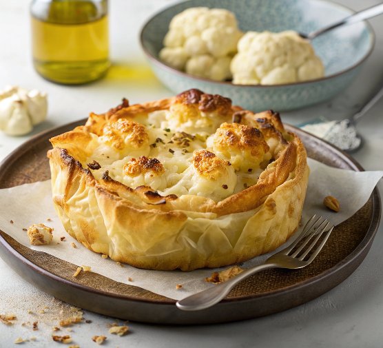 Roasted cauliflower cheese filo pie