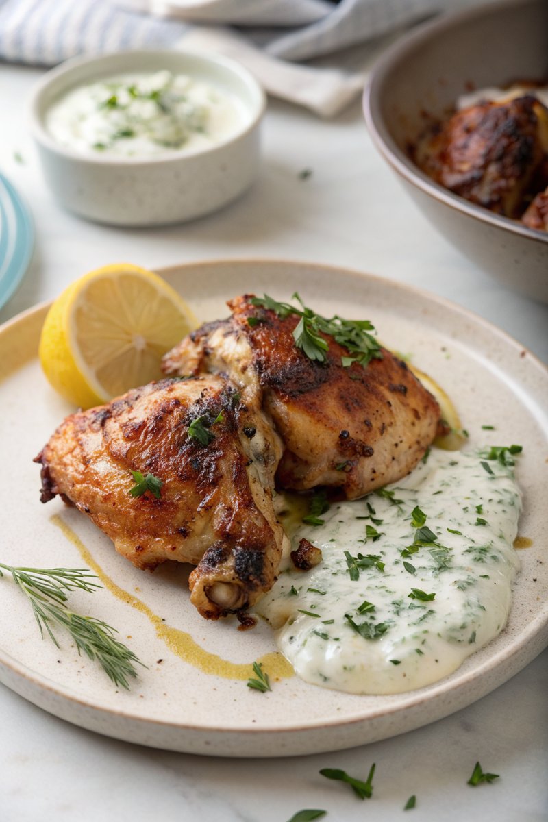 Roasted Chicken Thighs with Greek Herb Sauce