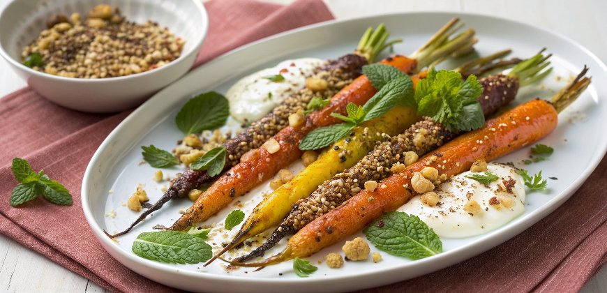 Roasted Rainbow Carrots with Dukkah, Garlicky Yogurt, and Mint