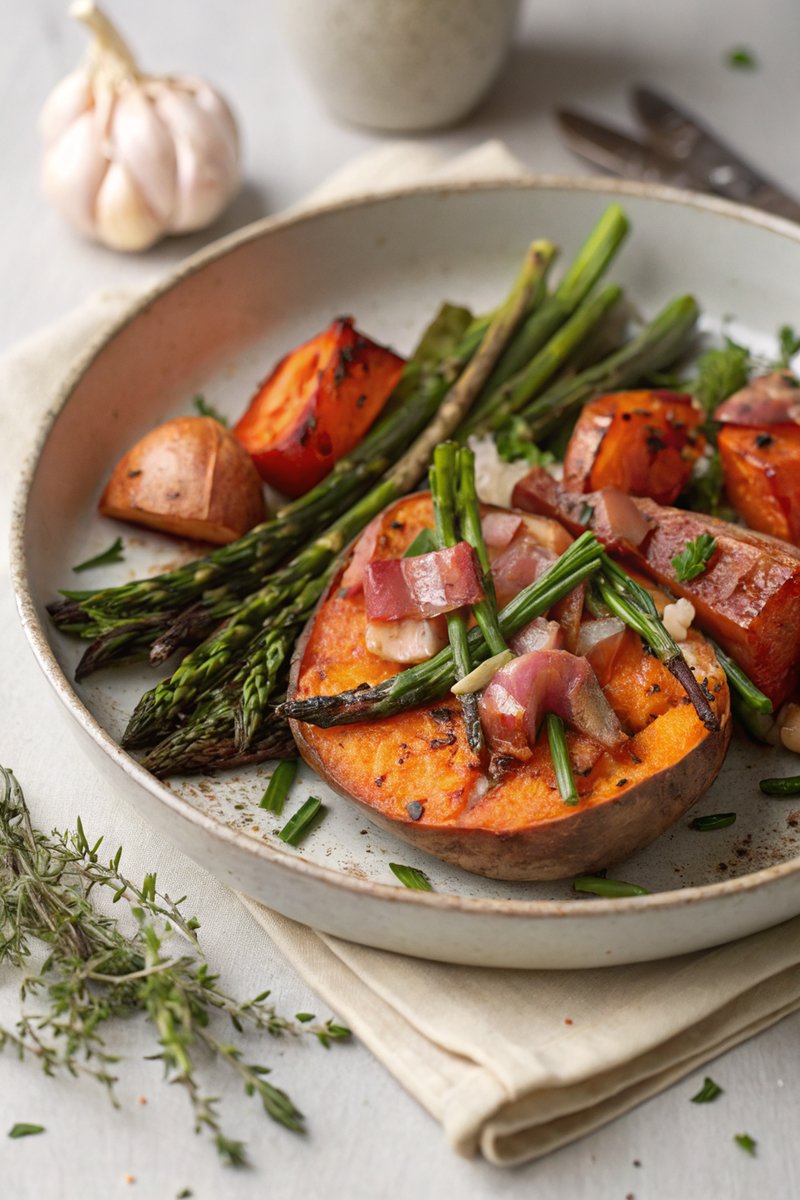 Roasted Sweet Potato and Asparagus with Lardons