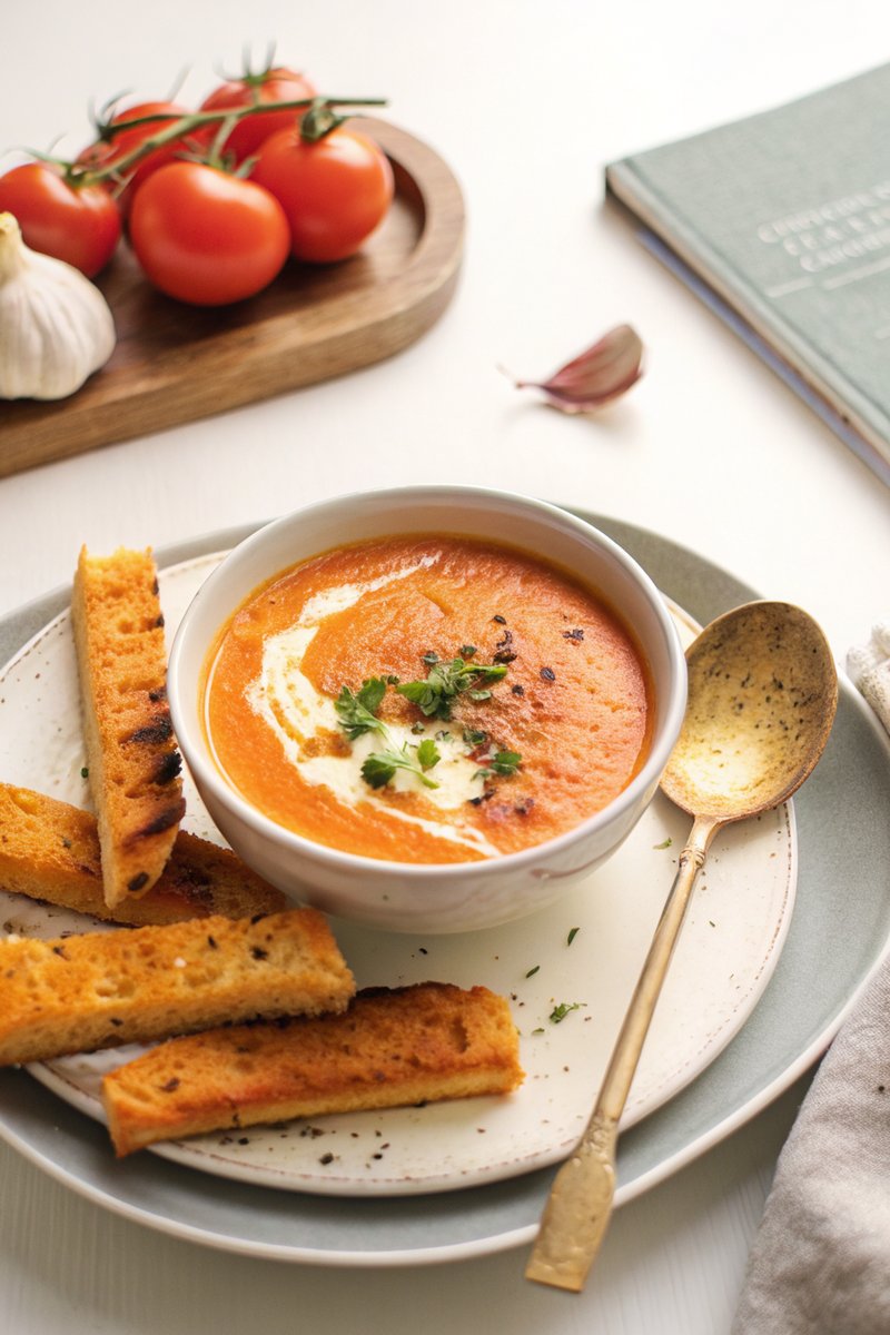 Roasted Tomato Soup with Grilled Cheese Sticks