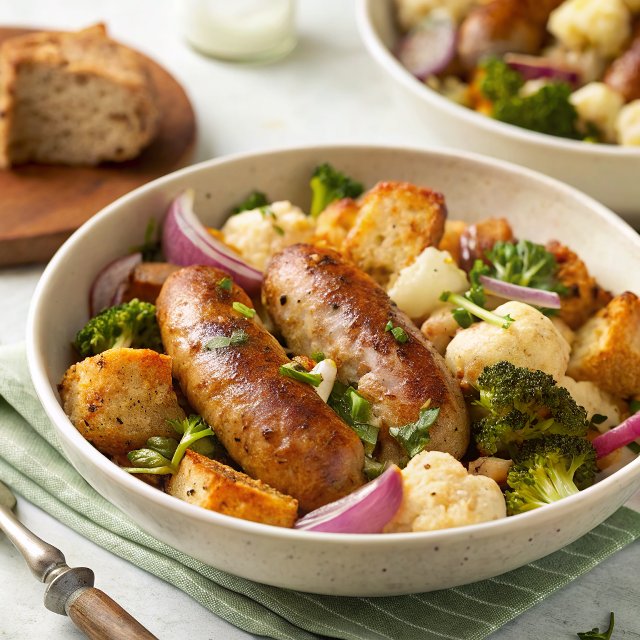 Sausage traybake with garlic butter croutons