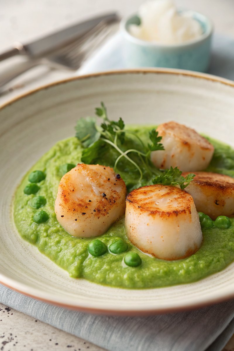 Scallops with Thai Green Curry Pea Purée