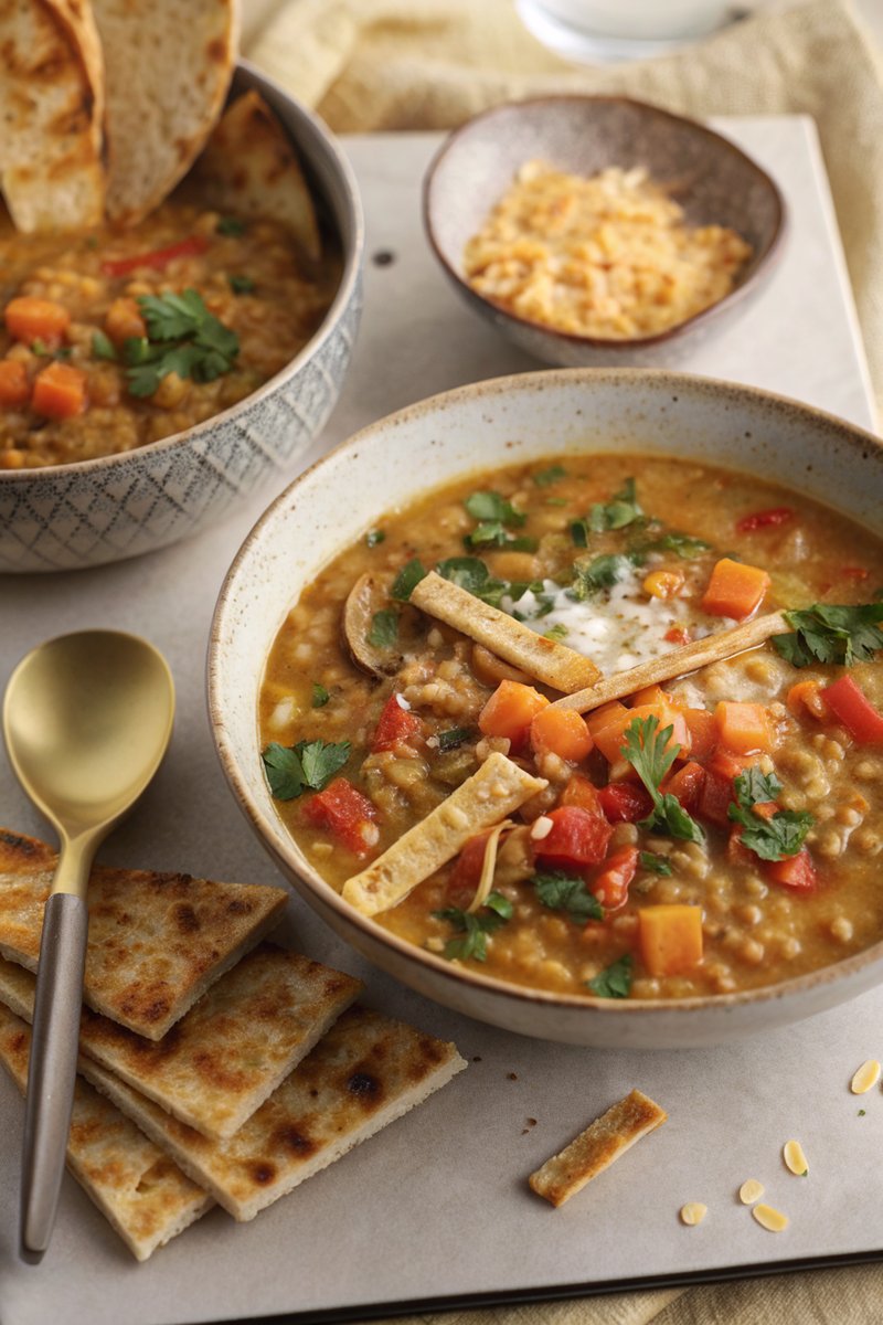 Slow-Cooked Lentil and Vegetable Soup with Crispy Tortillas