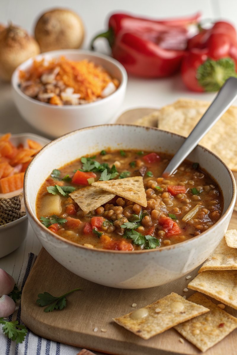 Slow-Cooked Lentil Soup with Crispy Tortillas