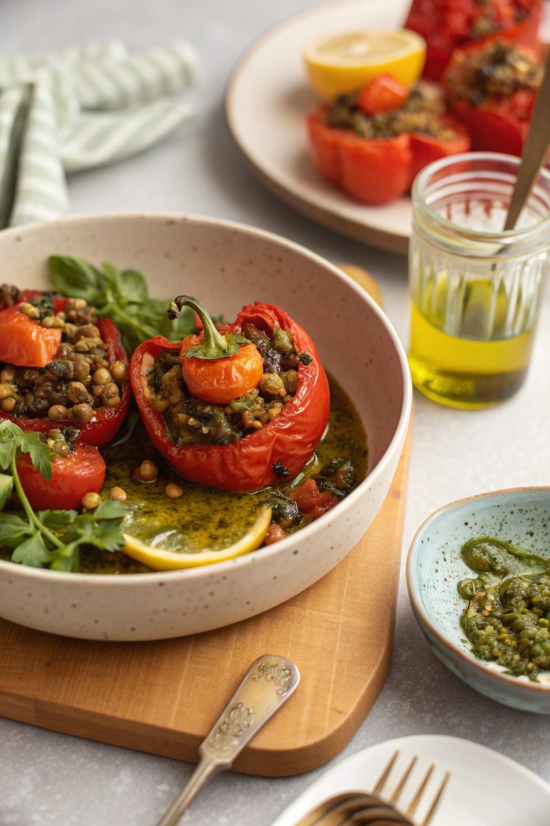 Slow-Cooked Stuffed Peppers with Lentils and Pesto