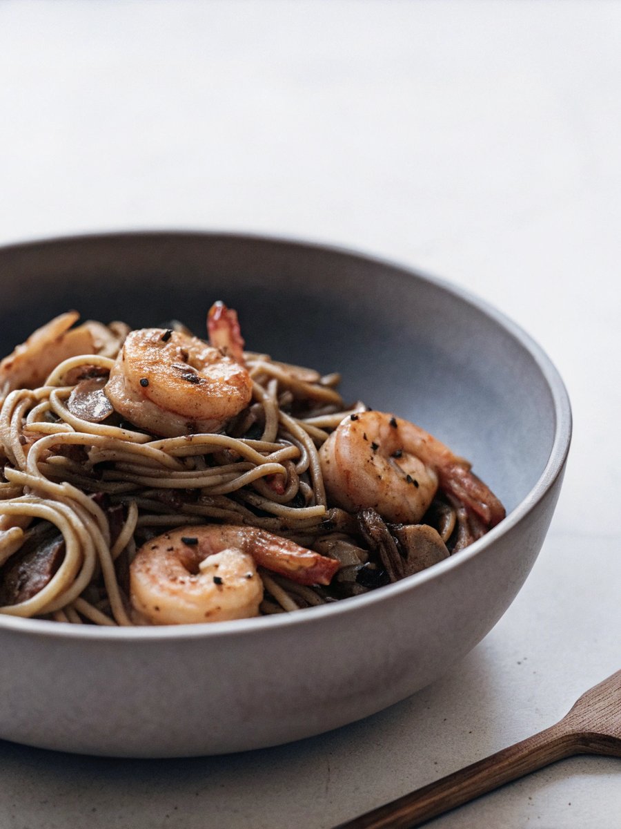 Soy Sauce Butter Pasta with Shrimp and Shiitakes