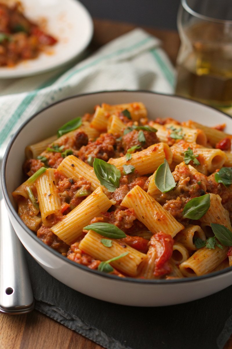 Spicy Sausage Rigatoni with Tomato and Basil