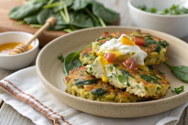 Spinach and Artichoke Corn Fritters with Brie and Sweet Honey Jalapeno Cream.