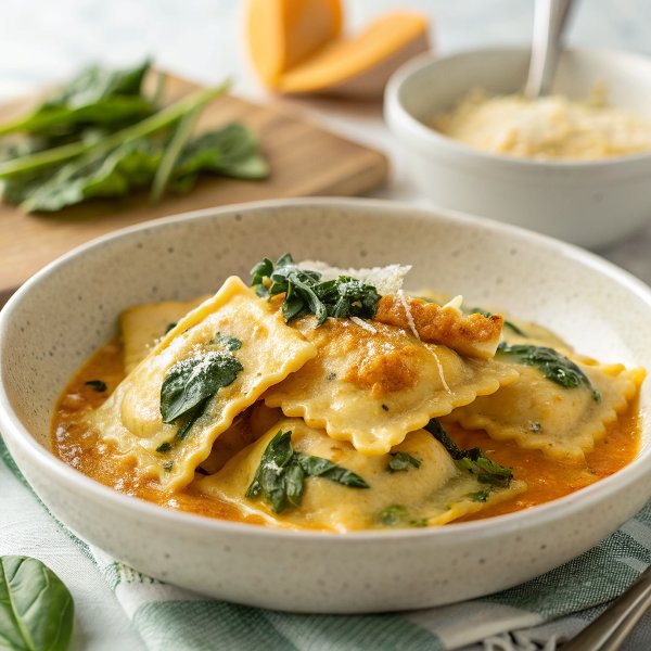Spinach Ricotta Stuffed Ravioli Recipe Tossed In Cheesy Pumpkin Sauce