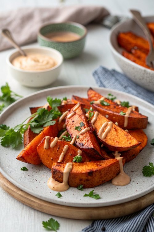 Sweet & Spicy Miso Roasted Sweet Potatoes with Sambal Tahini Mayo