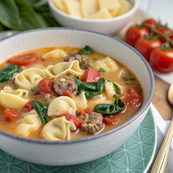 Tortellini Soup with Italian Sausage, Spinach and Tomatoes