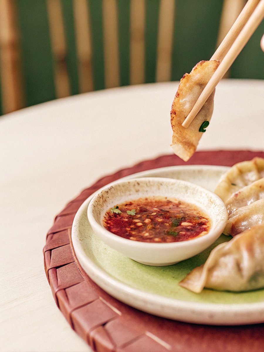 Vegan dumplings with spicy dipping sauce
